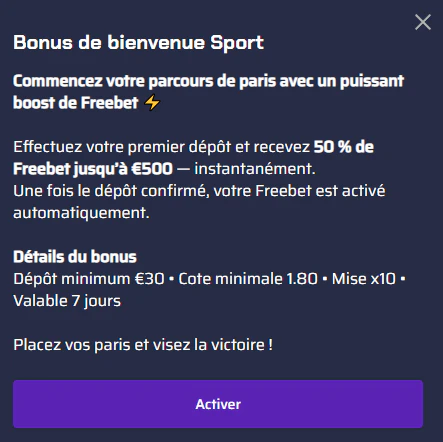Bonus de bienvenue sportif Betory avec Freebet jusqu'à 500 euros