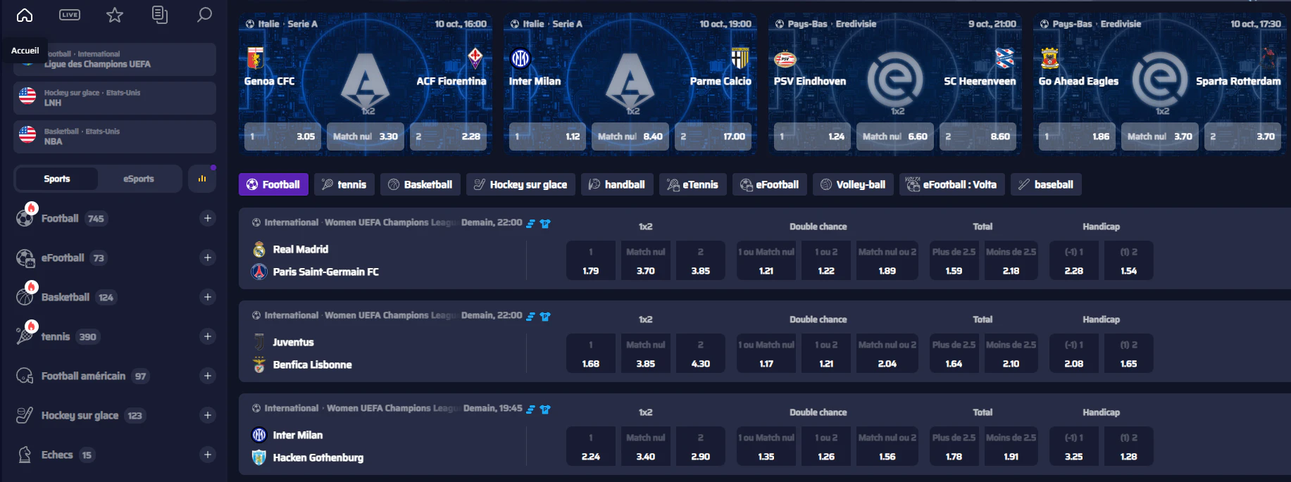 Interface des paris sportifs en direct sur Betory