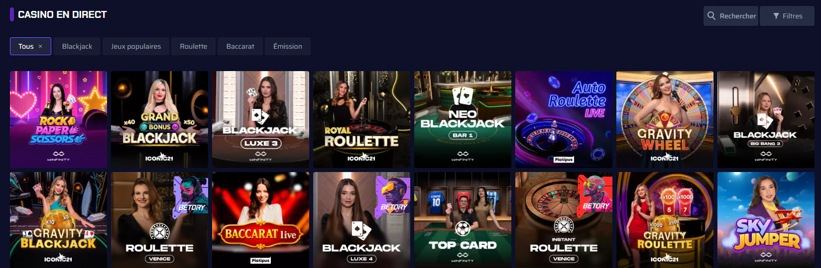 Sélection de jeux de casino en direct sur Betory